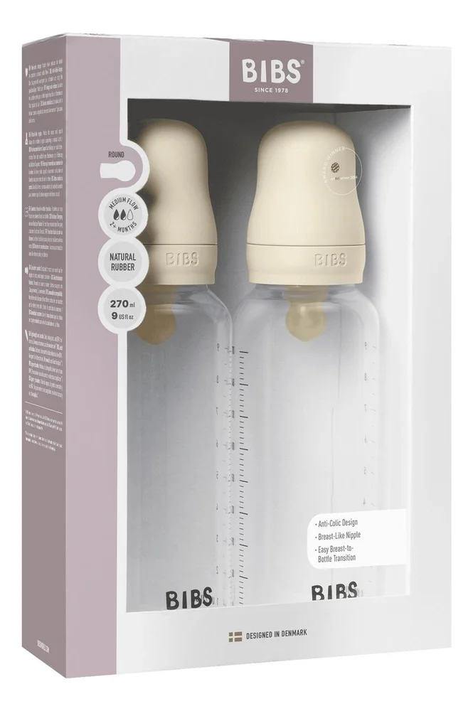 BIBS Baby Bottle Round Latex 270 ml Medium Flow Ivory – 2 stk. v:8127605