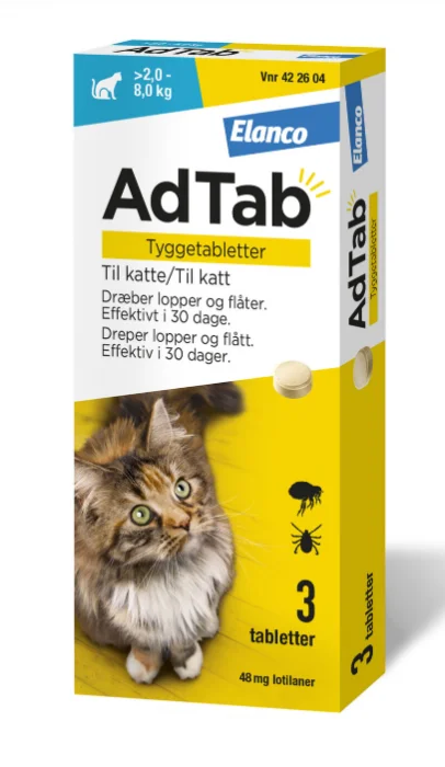 AdTab vet tyggetablett 48 mg til katt 3 stk v:4342945 AdTab vet tyggetablett 48 mg til katt 3 stk v:4342945