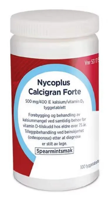 Nycoplus Calcigran Forte 500 mg/400 IE tyggetabletter – 100 stk. v:4116828